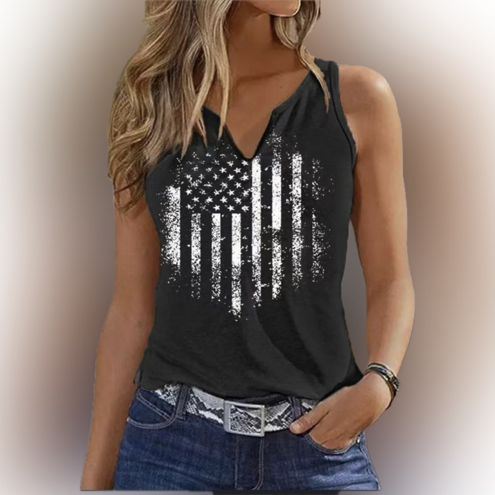 SHEIN Black Tank Top – Distressed American Flag with Rifle Stripes, Size M, NWT